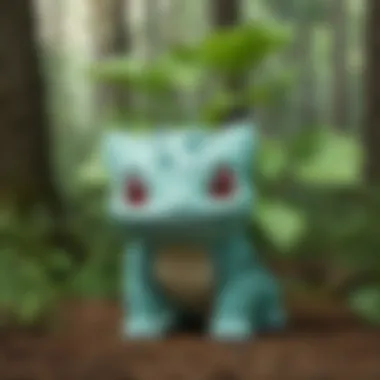 Illustration of Bulbasaur exploring a mystical forest with glowing mushrooms