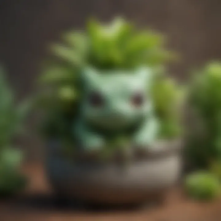 Close-Up of Bulbasaur Succulent Pot with Lush Greenery