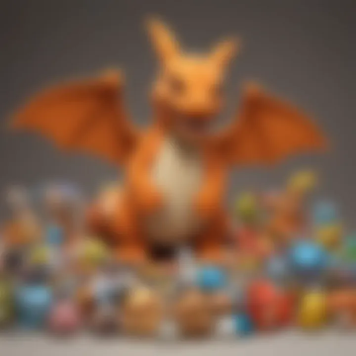 Charizard Stuffed Animal Surrounded by Pokemon Memorabilia