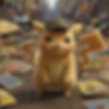 A collection of various Detective Pikachu cards arranged aesthetically.