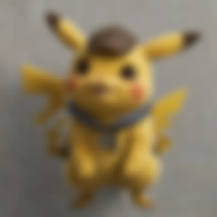 A close-up of fabric details and stitching on a Detective Pikachu shirt.