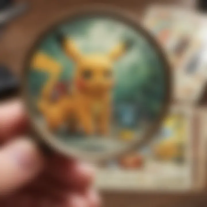 Illustration of a magnifying glass focusing on a holographic Pokemon card