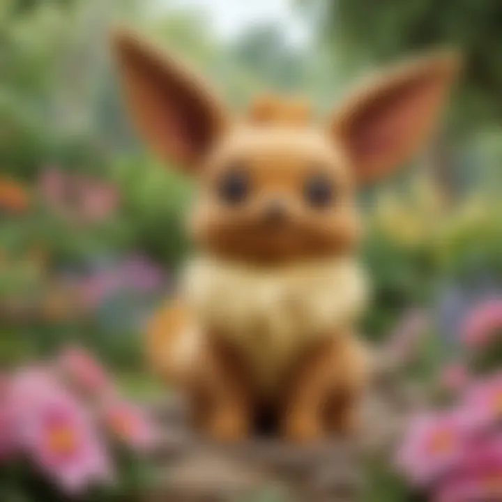 Illustration of Eevee in a whimsical garden surrounded by colorful flowers