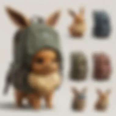 Eevee and Its Evolutions in Backpack Culture Artistic depiction of Eevee surrounded by its evolutions with a backpack theme