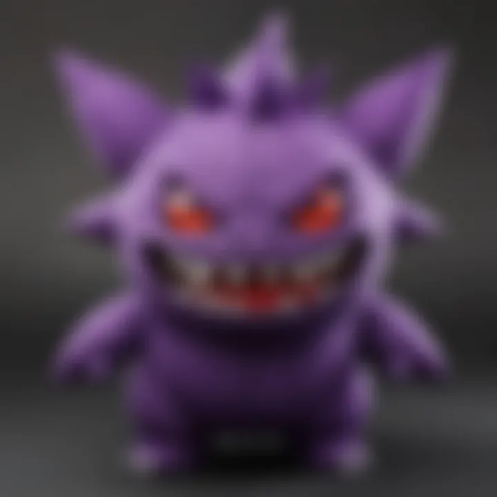 A close-up of the craftsmanship on a Gengar plush, emphasizing quality and detail