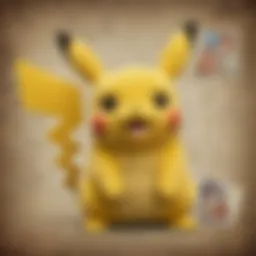 A vintage Pikachu plush toy surrounded by Pokemon trading cards