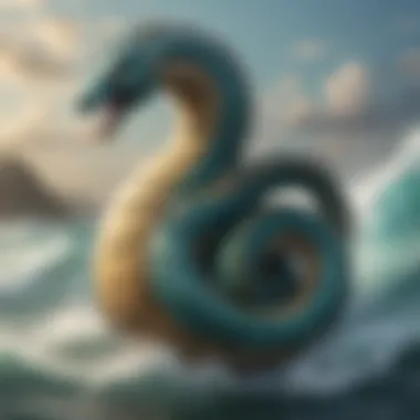 Mythical sea serpent emerging from the depths of the ocean