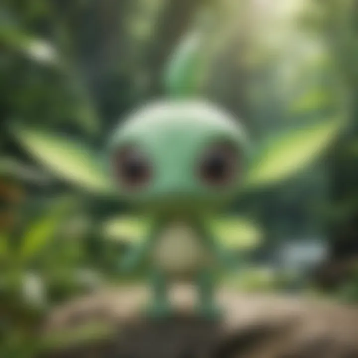 Celebi plush displayed in a serene, nature-inspired setting