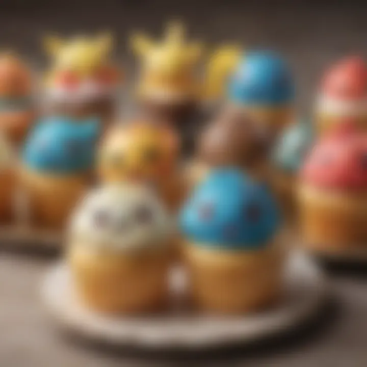 A colorful array of cupcakes featuring various Pokemon characters