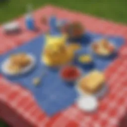 Vibrant picnic tablecloth set on a green meadow