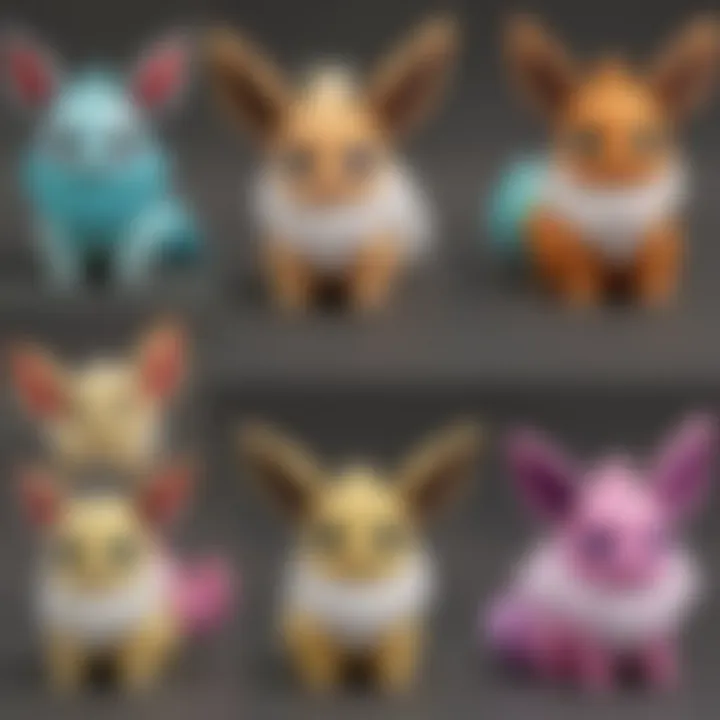 A vibrant collection of various Eeveelution plush toys showcasing their unique designs.