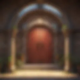 An illustration of the Dragon Gym entrance with mystical elements