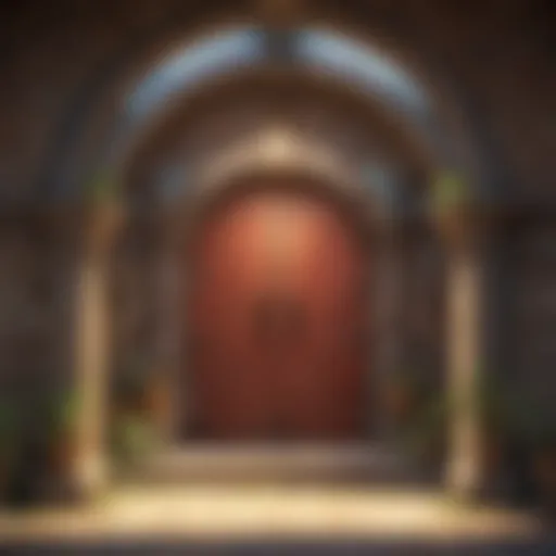 An illustration of the Dragon Gym entrance with mystical elements