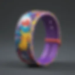 A close-up view of a colorful Pokemon wristband featuring various iconic characters