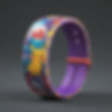A close-up view of a colorful Pokemon wristband featuring various iconic characters