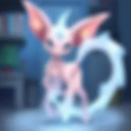 Mew's ethereal form floating amidst vibrant Pokémon landscapes