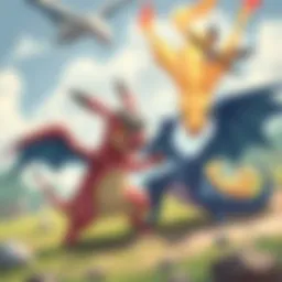 A vibrant illustration of Pokémon characters in an epic battle