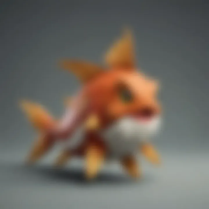 A fan's collection of Pokemon merchandise, prominently featuring the stuffed Magikarp among other collectibles.