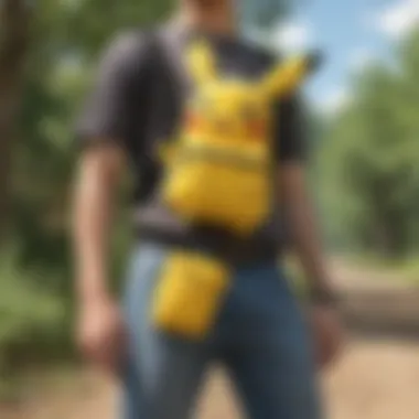 Pikachu Fanny Pack in Action Outdoors A Pikachu fanny pack being worn in a playful outdoor setting, showcasing its functionality