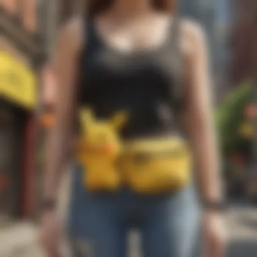 A stylish Pikachu fanny pack showcased against a vibrant urban backdrop