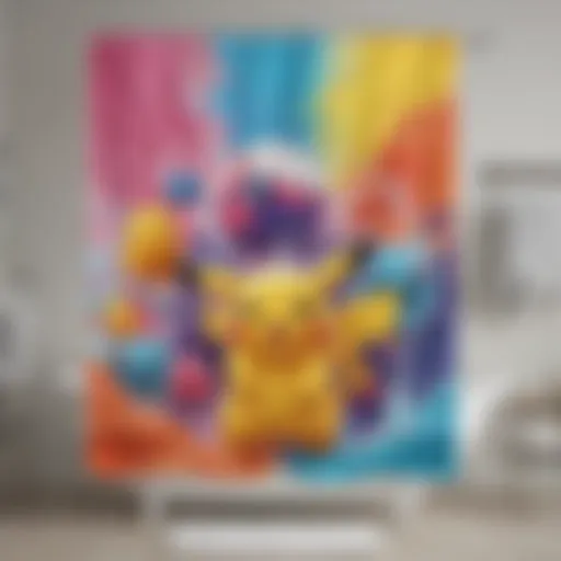Vibrant Pokémon-themed shower curtain displaying popular characters
