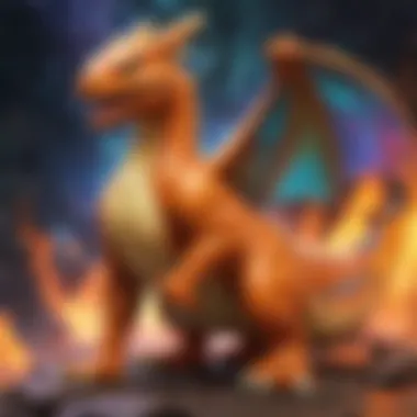 A close-up of a holographic Charizard card