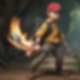 A Pokemon Ranger using a Capture Styler in a lush forest setting.