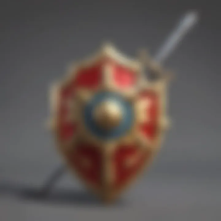 A close-up of a shimmering sword and shield combination