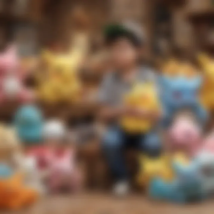 A child joyfully interacting with Pokémon plushies