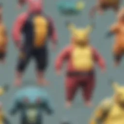 A colorful display of various Pokémon rash guards showcasing unique designs.