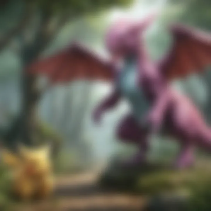 Artistic depiction of a rare and mythical Pokemon in a mystical environment