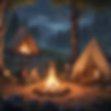 Glowing campfire casting shadows on tent at dusk