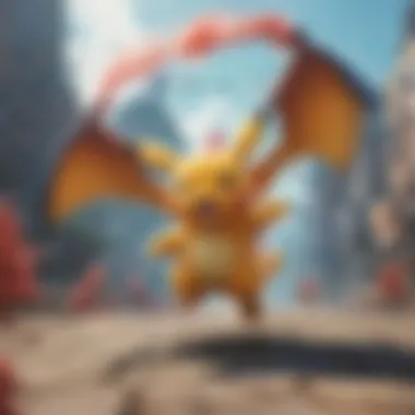 An artistic representation of Pokemon characters in a dynamic battle scene