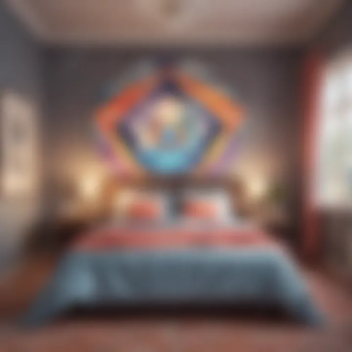 Abstract geometric prism wallpaper pattern in elegant bedroom setting