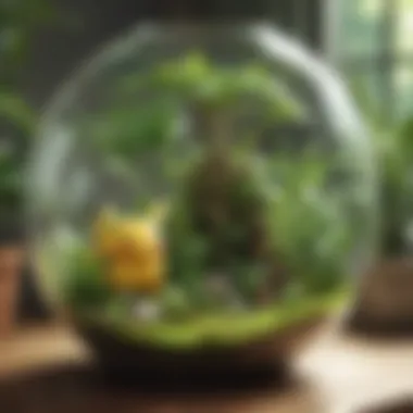 Terrarium with lush green plants and sleek fan