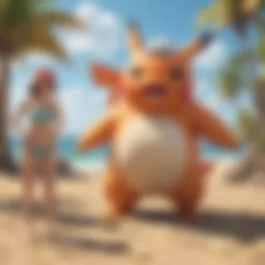 An illustration showing Pokémon characters using sunscreen in a sunny environment.