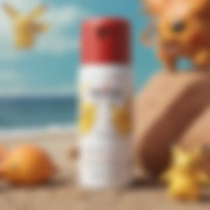 A creative display of sunscreen products themed around popular Pokémon characters.