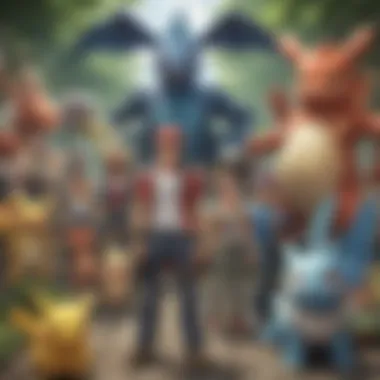 Illustration of a diverse Pokémon team strategizing for a battle