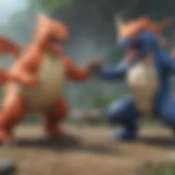 A vibrant battle scene showcasing iconic Pokémon clashing in a lush arena.