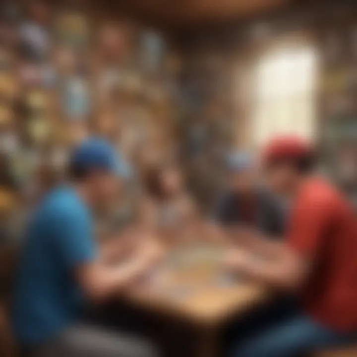 Enthusiastic collectors engaging in discussion about Pokemon cards