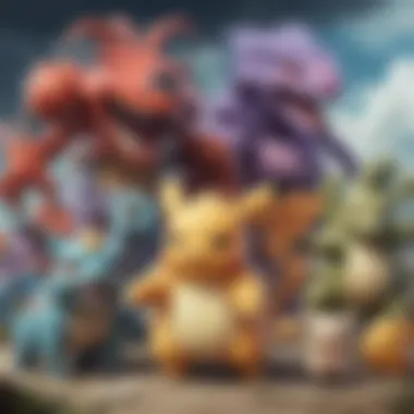 Illustration showcasing a diverse team of Pokemon with various types