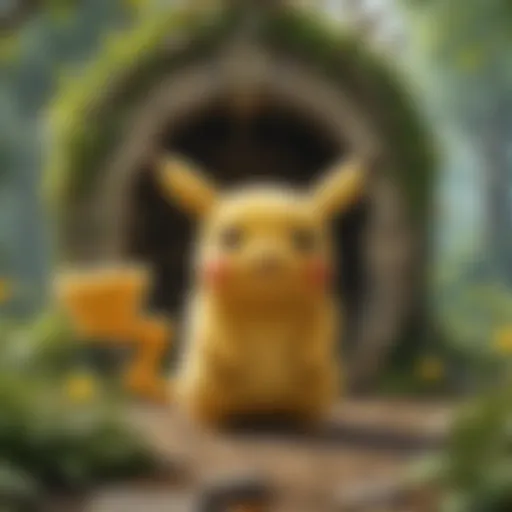 Illustration of Pikachu in a lush forest setting