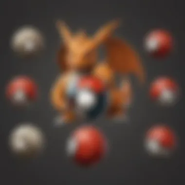 Diverse Pokéballs for Capturing Charizard An array of Pokéballs illustrated with unique designs and functionalities