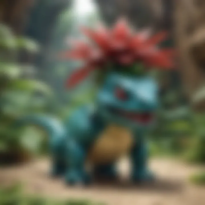 Artistic shot of LEGO Venusaur surrounded by nature elements