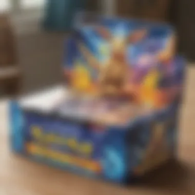 A close-up of a Pokémon card booster box, highlighting its artwork and branding.